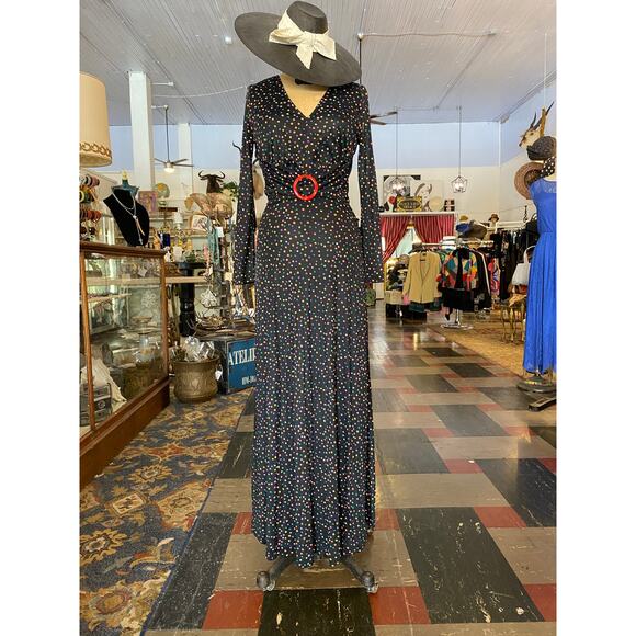 1970s maxi dress, rainbow polka dots, betty lou, 70s does 30s, 1930s style dress - Picture 1 of 10